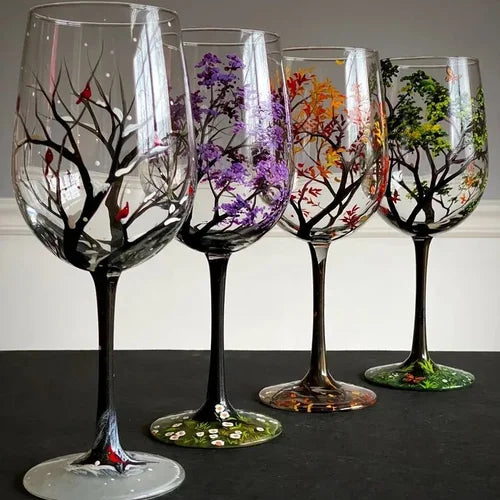 koadclo | Hand Painted Four Seasons Tree Wine Glasses – Unique Art Crystal Stemware Set