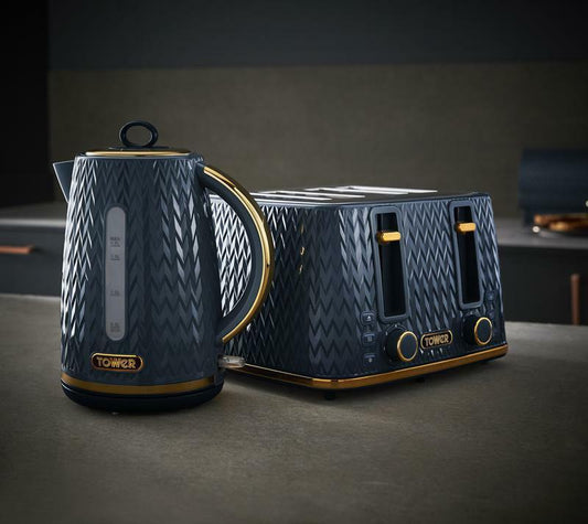 TOWER Empire Blue Jug Kettle, 4 Slice Toaster, Bread Bin & Canisters Matching Set in Midnight Blue with Brass Accents