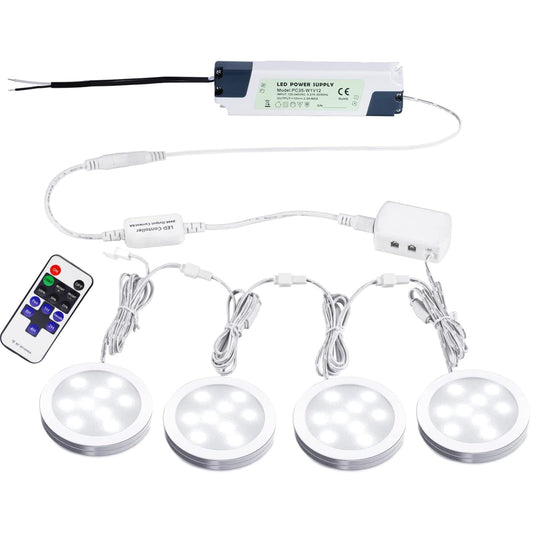 Koadclo | Linkable LED Under Cabinet Light – 12V Hardwired Dimmable Puck Light with Remote (4 Lights, Daylight White)