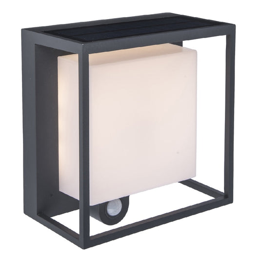 Koadclo | Lutec Curtis LED Solar Wall Lamp – Anthracite Modern Square Surface Mounted Light with PIR Motion Sensor