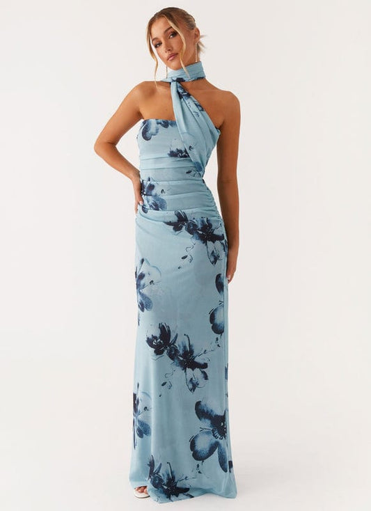 Aveloria | Blue-Black Floral Sleeveless Maxi Dress by Koadclo