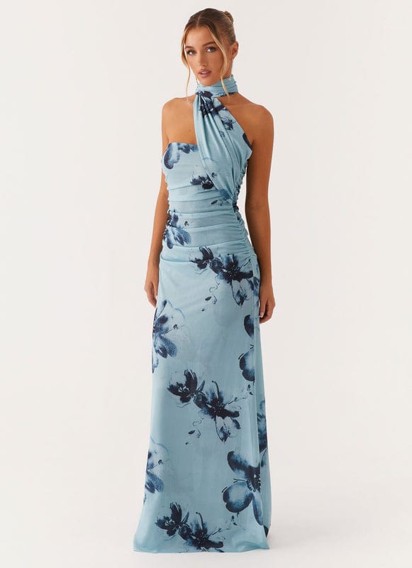 Aveloria | Blue-Black Floral Sleeveless Maxi Dress by Koadclo