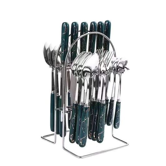 Koadclo | 24-Piece Cutlery Set – Green Handled Stainless Steel Flatware for Home & Kitchen