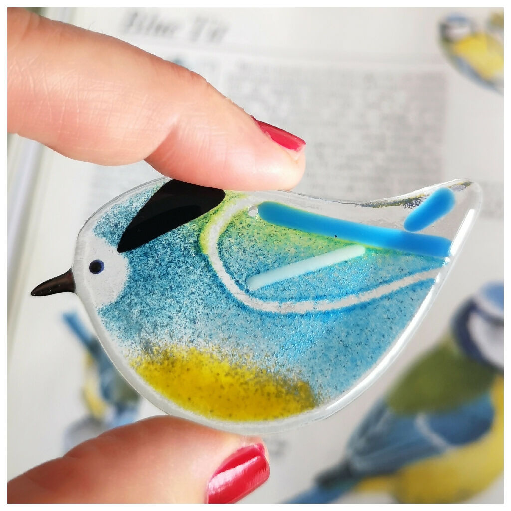 Emian | Blue-tit, a hanging glass bird decoration