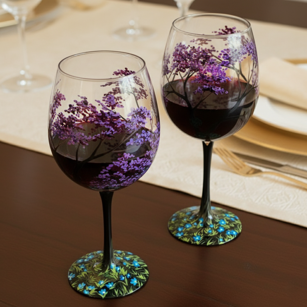 Amtn Club | Hand Painted Four Seasons Tree Wine Glasses – Unique Art Crystal Stemware Set
