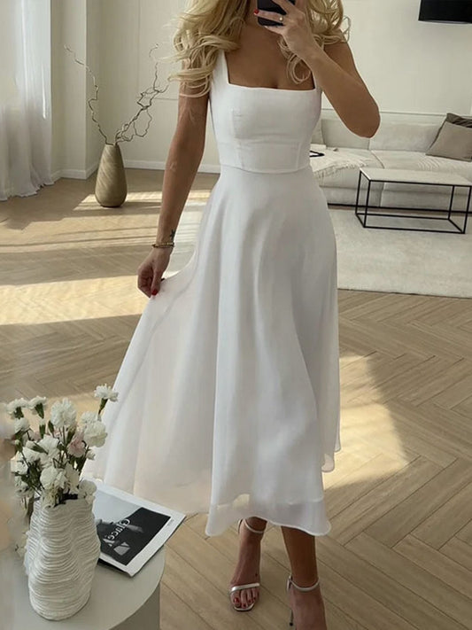 Marcia | Classic Summer Dress with Square Neck – Feminine Elegance