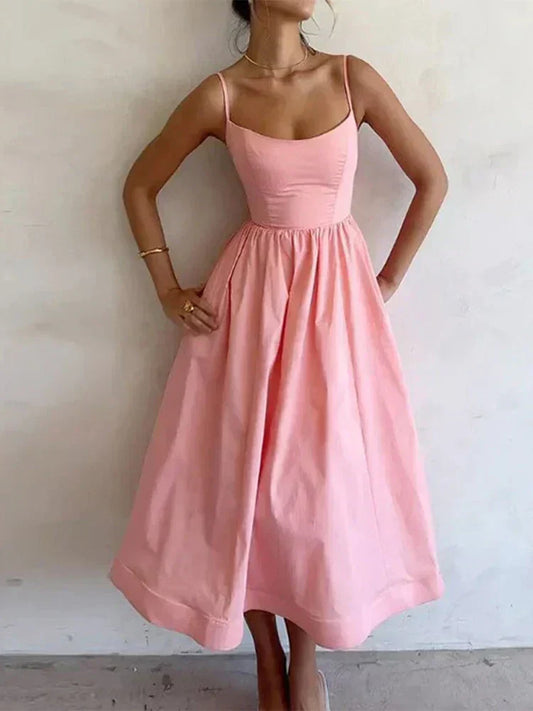 Rosalie | Pastel Pink Midi Dress with Spaghetti Straps