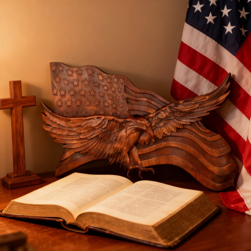 koadclo | Rustic American Flag Wall Art - Carved Eagle Wood Sculpture