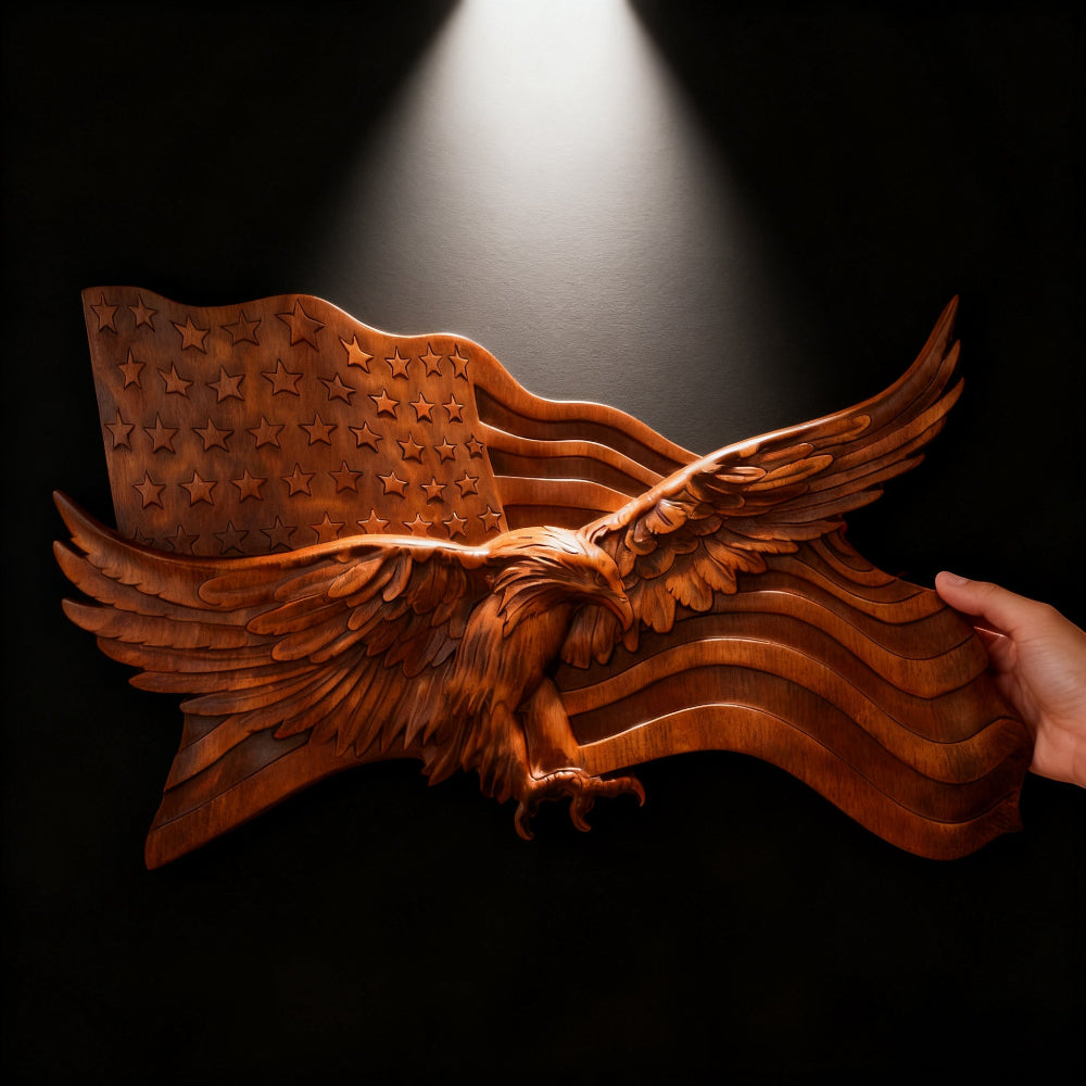 koadclo | Rustic American Flag Wall Art - Carved Eagle Wood Sculpture