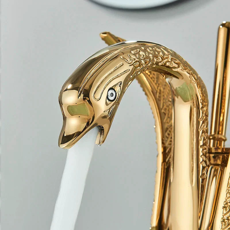 Koadclo | Swan Single Handle Golden Basin Faucet – Elegant Brass Bathroom Sink Tap