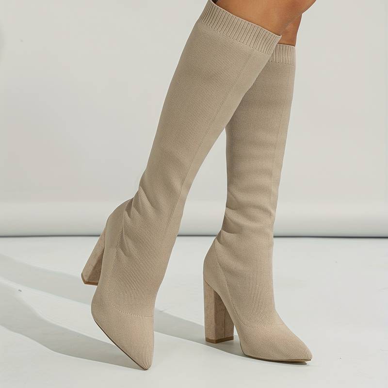 Haskella | Women’s Knee‑High Sock Boots – Stretch Knit & Block Heel