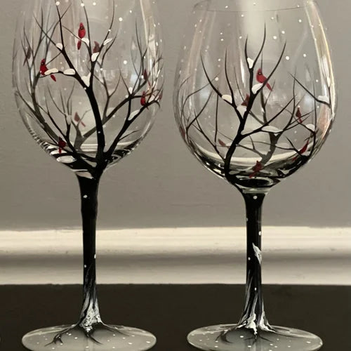 Amtn Club | Hand Painted Four Seasons Tree Wine Glasses – Unique Art Crystal Stemware Set