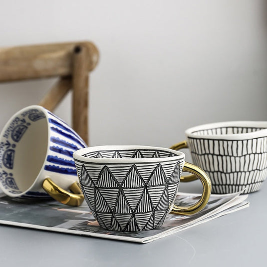 Koadclo | Abstract Geometric Pattern Cup with Gold Handle