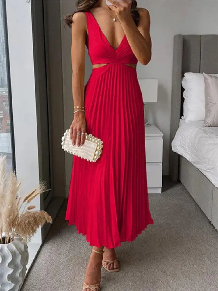Valen | Women’s Elegant V-Neck Pleated Skirt Dress