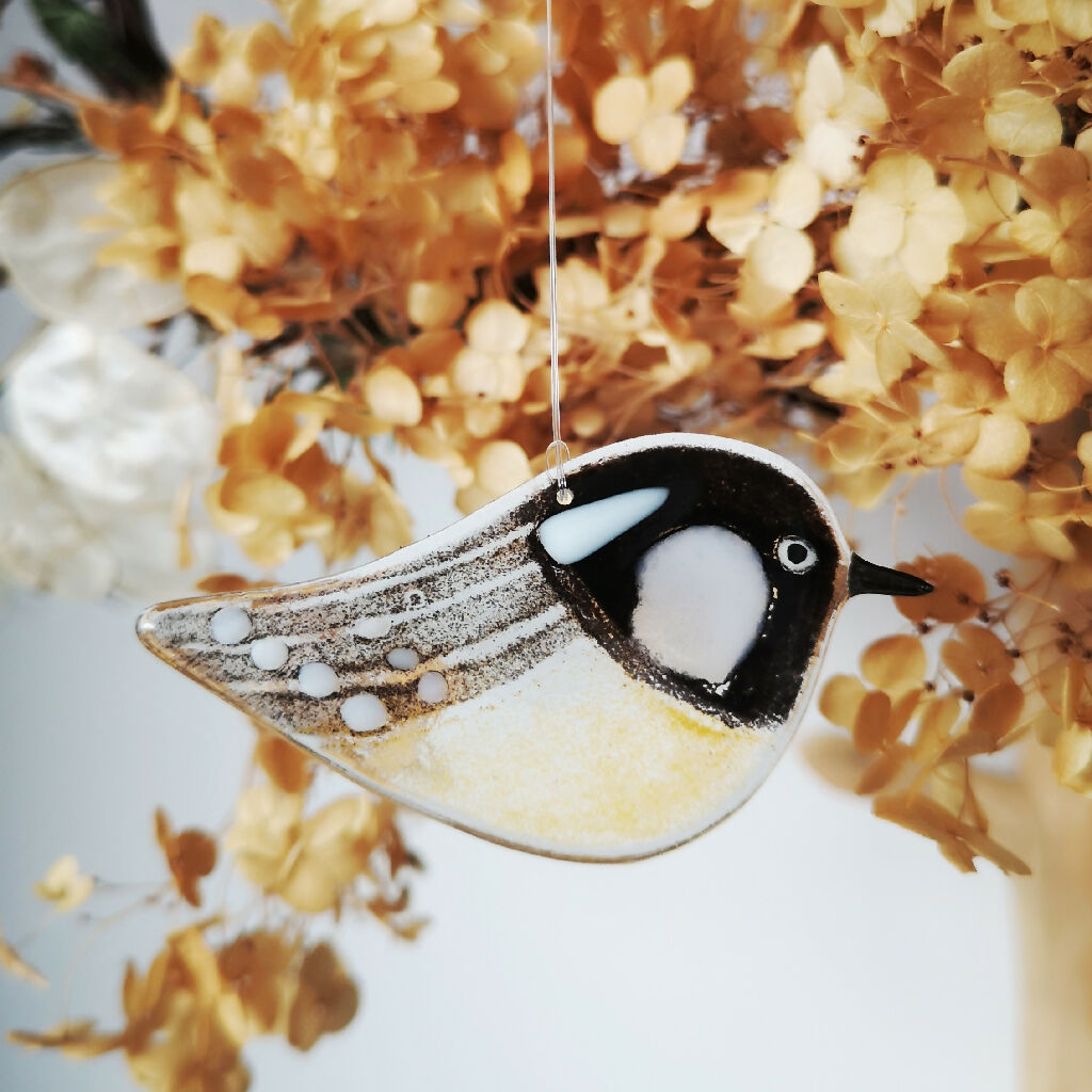 Emian | Coal-tit, a hanging glass bird decoration