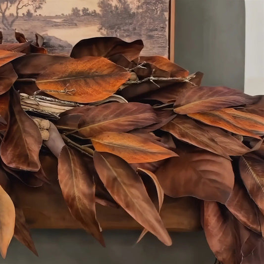 Koadclo | Brown Magnolia Leaf Garland – Realistic Autumn Decoration for Indoor & Covered Outdoor Use