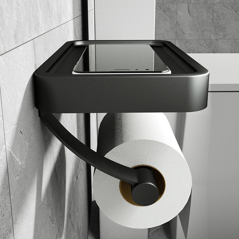 koadclo | Toilet Roll Holder with Black Metal Shelf
