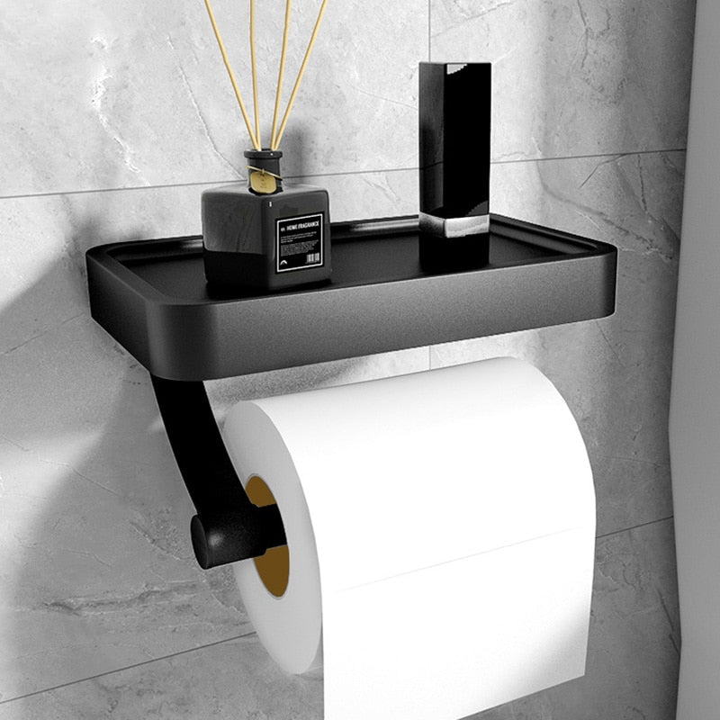koadclo | Toilet Roll Holder with Black Metal Shelf